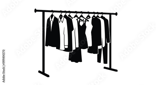 A black and white illustration of clothes hanging on a garment rack