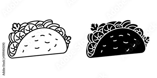 Line drawing and filled silhouette icon of a loaded taco with fresh toppings and herbs, savory meal.