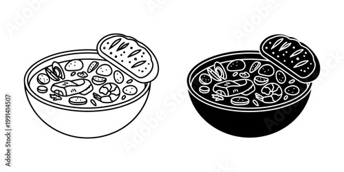 Seafood chowder soup bowl with bread slice line art and silhouette set showing creamy broth with shrimp mussels fish and vegetables for maritime restaurant menu and winter comfort food branding.