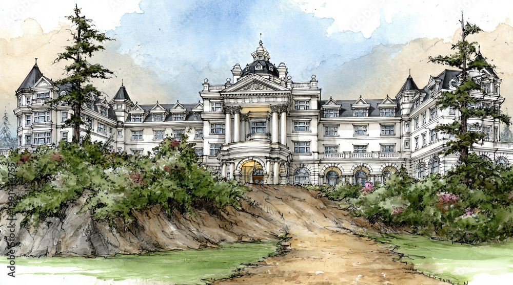 Obraz premium Elegant building with classical architecture and lush landscaping