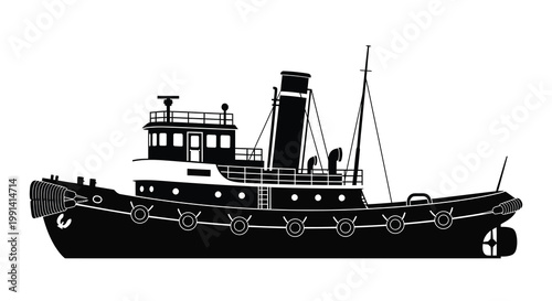 A black and white silhouette of a classic tugboat on water