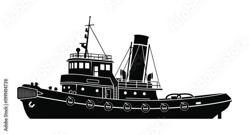 A black and white illustration of a classic tugboat on water