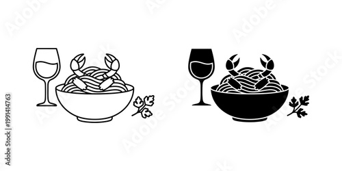 Crab pasta with wine line art illustration. seafood spaghetti served with parsley and glass of wine contour vector icon. delicious italian meal black glyph on white background.