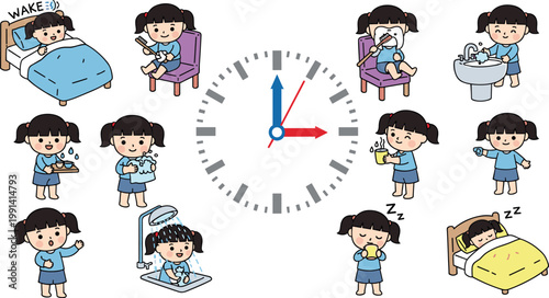 Kids daily routine schedule with clock waking brushing eating bathing and sleeping activities cartoon vector illustration set