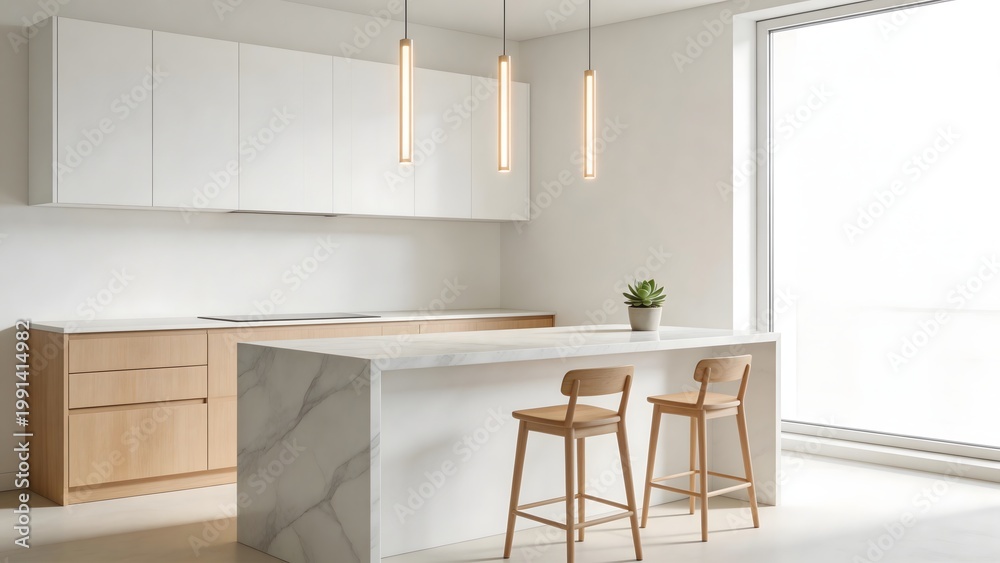 Fototapeta premium Modern kitchen interior with island and stools