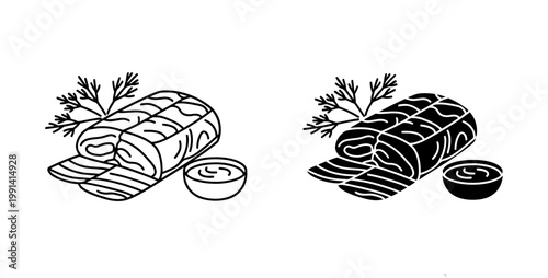 Salmon fillet with herbs and dipping sauce vector icon set of outline and solid black silhouette symbols for menu design seafood restaurant branding healthy food packaging cooking blog illustration.