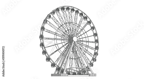 Giant Ferris Wheel Structure Against Clear Sky, Amusement Park Attraction