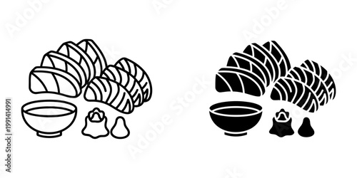 Sashimi platter with soy sauce and ginger vector icon collection featuring linear and solid black versions for japanese cuisine menu sushi bar branding authentic asian food design elements isolated.