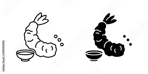 Tempura shrimp with dipping sauce vector icon pack containing outline and black silhouette versions for japanese snacks menu deep fried seafood appetizers asian kitchen design and restaurant branding.