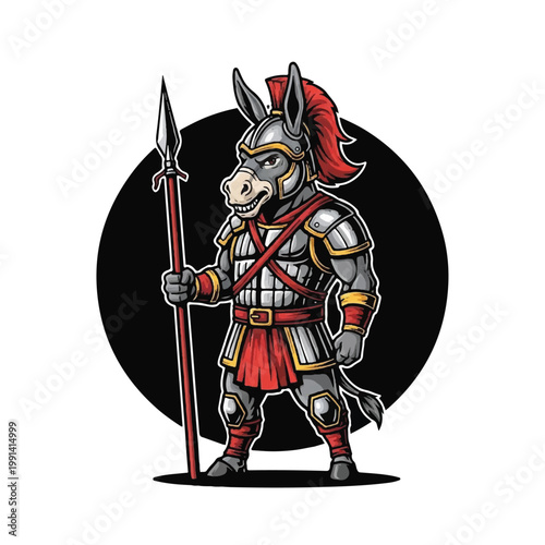 Donkey Warrior in Ancient Roman Armor Holding Spear.