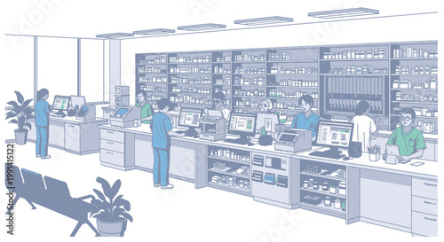 Modern Pharmacy Interior with Staff and Medication Shelves