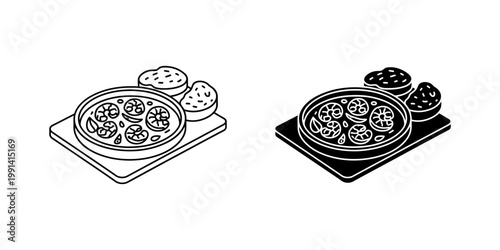 Shrimp scampi vector icon set portraying flavorful seafood dish served with bread, in both outline and solid glyph styles, perfect for culinary designs.