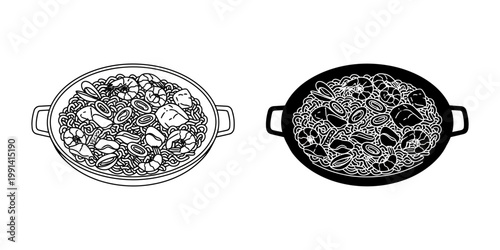 Fideuá vector icon set depicting spanish pasta paella with seafood in pan, available in both outline and solid glyph styles, ideal for restaurant menus.