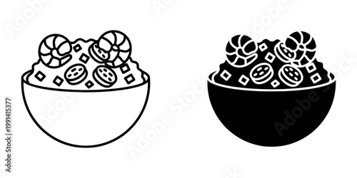Shrimp salad vector icon set presenting fresh seafood salad with vegetables and dressing, in both outline and solid glyph styles for health-related themes.