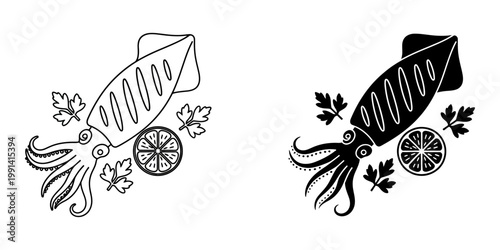 Stylized illustration of grilled squid with lemon slice and parsley garnish, shown in line art and silhouette versions for culinary presentations.