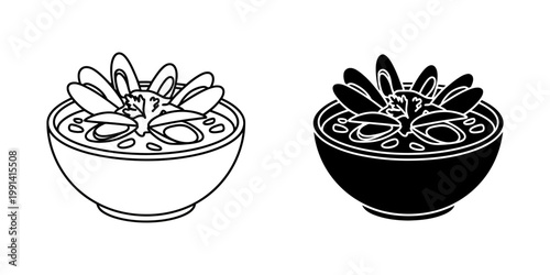 Simple iconographic representations of mussel soup served in a bowl, one as minimalist outline and other as bold solid silhouette for culinary art.