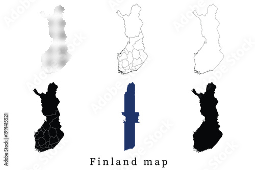 Set of Finland map silhouettes featuring administrative regions, dotted patterns, line art outlines, and the national flag version.