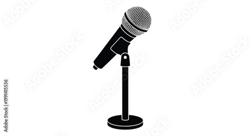 A black and white silhouette of a professional microphone on a stand