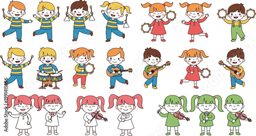 Kids playing musical instruments set with guitar drum tambourine and triangle children cartoon vector illustration collection