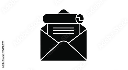 A black silhouette of an envelope with a scroll emerging from it
