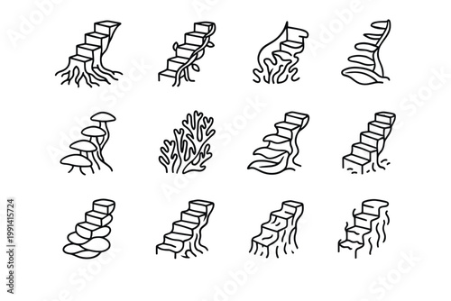 Surreal Organic Staircases. Surreal organic staircases. Line outline icon set of surreal organic staircases: