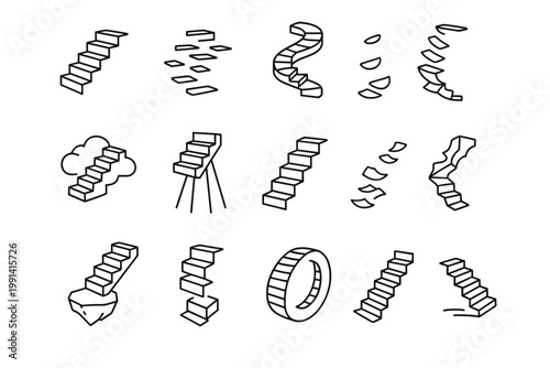 Surreal Floating Staircases. Surreal floating staircases. Line outline icon set of surreal floating staircases