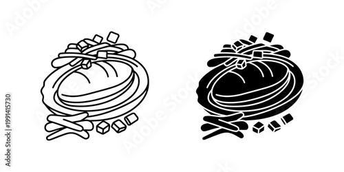Spaghetti pasta with meatballs and cheese cubes vector illustration isolated on white background featuring outline and solid styles for italian restaurant branding and mediterranean food menu.
