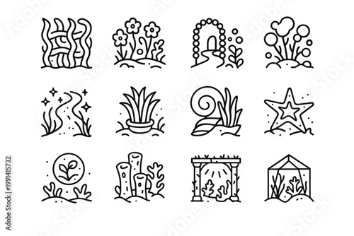 Underwater Gardens Icons. Dreamy underwater gardens. Line outline icon set of dreamy underwater gardens: kelp