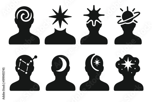 Astral Silhouette Icons. Astral human silhouettes. Filled icon set of astral human silhouettes: silhouette