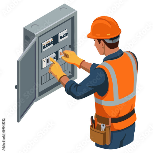 Electrician installing switch on electrical panel at construction site