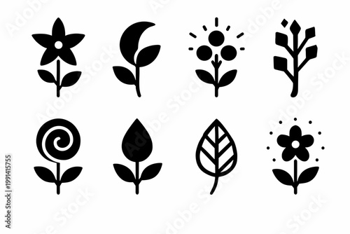 Fantasy Botanical Icons. Fantasy botanical fusions. Filled icon set of fantasy botanical fusions: star-shaped