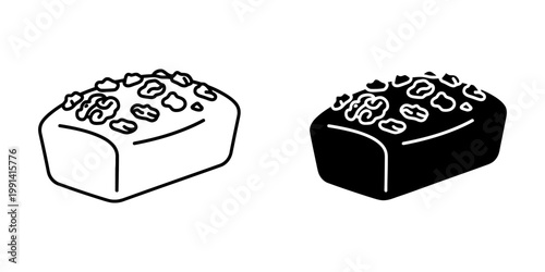 Walnut banana bread loaf icons linear and silhouette style vector illustration isolated on white background sweet bakery products element for cafe menu design healthy nutty fruit dessert organic food.