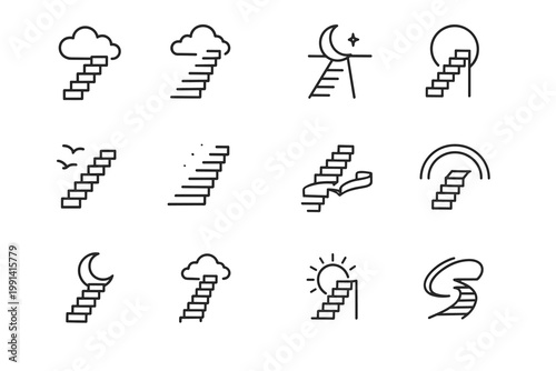 Skyward Staircase Icons. Surreal sky staircases. Line outline icon set of surreal sky staircases: steps rising