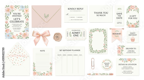 Floral wedding stationery vector set with invitations, RSVP cards, thank you notes, wreaths, envelopes, tags, ribbons and botanical decor