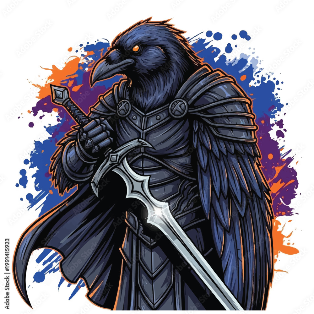 Naklejka premium Fantasy warrior raven bird holding a sword.