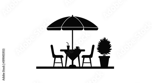 A charming outdoor cafe scene with table chairs and umbrella silhouette