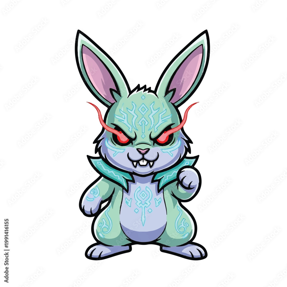 Obraz premium Fierce Cartoon Rabbit Character with Red Eyes and Horns.