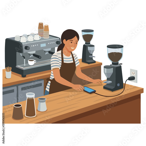 Woman operates coffee shop equipment behind counter with coffee machines.