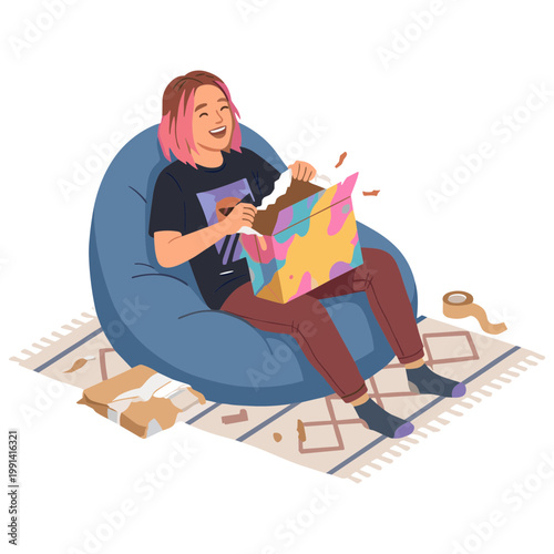 Woman excitedly unwrapping colorful gifts while sitting on a beanbag chair indoors.