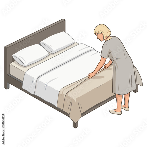 Woman making a bed with white sheets and pillows in a bedroom.