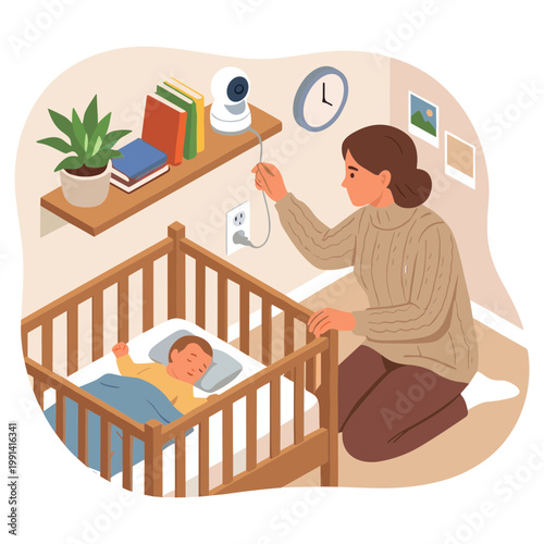 Woman checking on baby in crib with security camera in nursery room