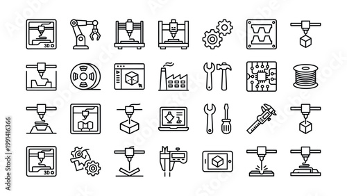 3D printing and industry icons set with 3D printing additive manufacturing industry manufacturing computer measurement creation technology engineering prototype machinery