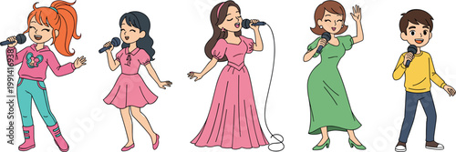 Kids singing vector illustration set with children performers microphones cute cartoon characters music performance collection