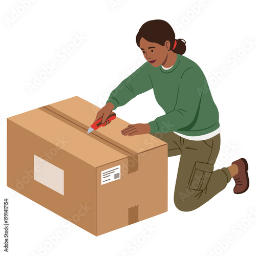 Woman kneeling cuts open large cardboard box with scissors carefully.
