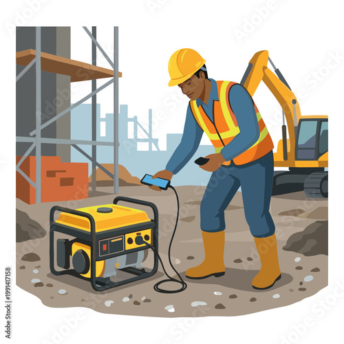 A construction worker operates a portable generator on a building site.
