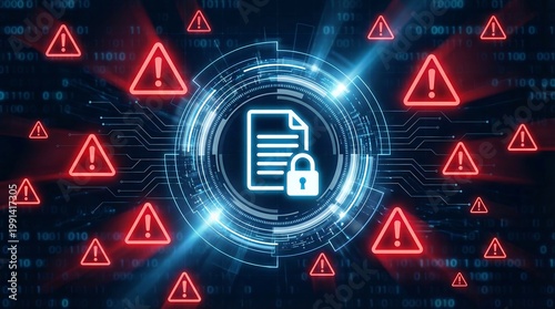 Digital document security system with padlock icon on holographic interface surrounded by red warning alert symbols for data protection against cyber threats and unauthorized access