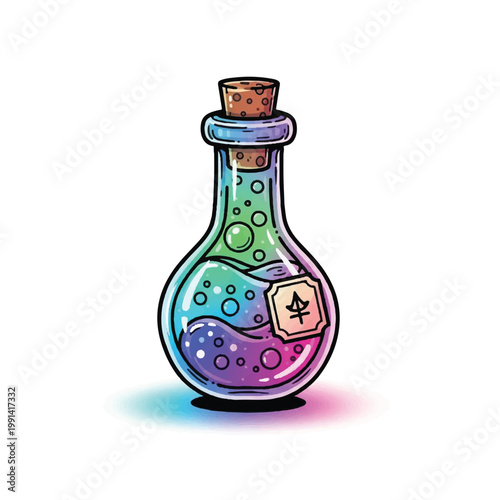 Glass Potion Bottle with Colorful Liquid and Cork Stopper.