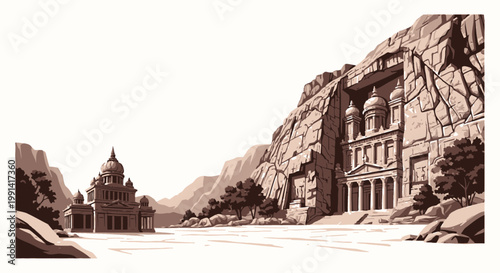 Ancient Temple Complex in Rocky Landscape, Desert Architecture