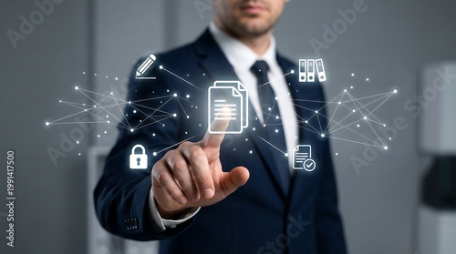 Professional businessman touching digital document file management interface for business workflow automation and corporate data organization strategy in a modern office environment