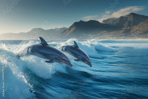 Dolphins jumping on the waves in the open sea, a beautiful natural landscape with a blue sky and sunlight.